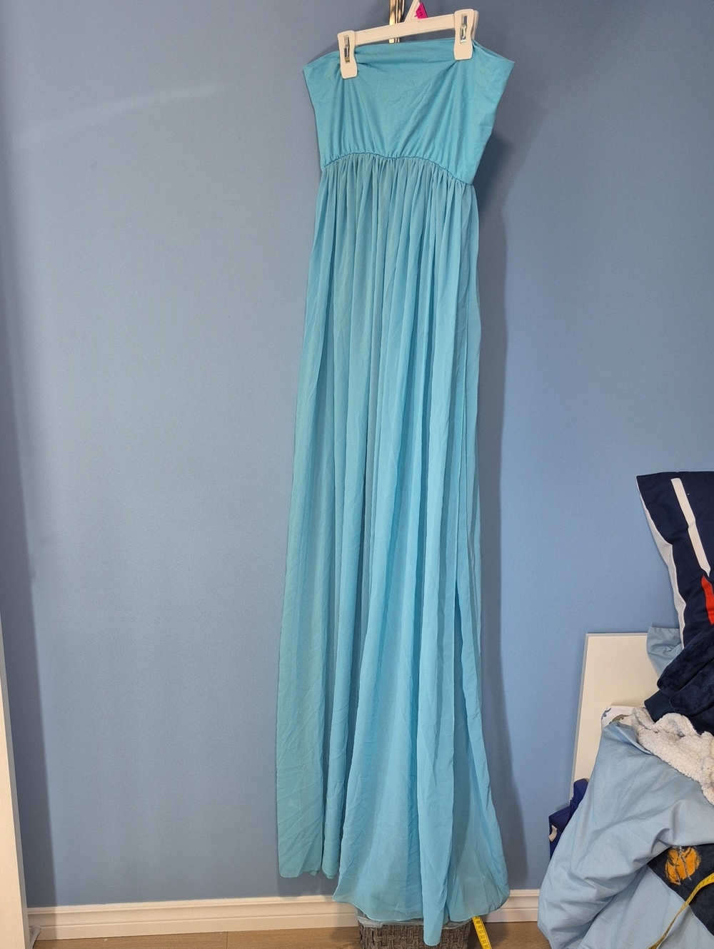 Strapless Turquoise Maxi Dress with Gathered Waist